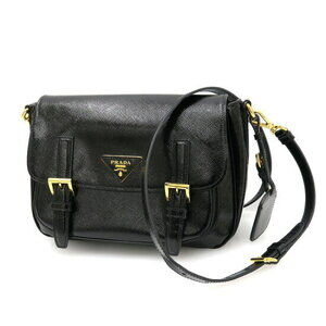 Prada Vitello Daino Saffiano Lux double buckle messenger bag black leather